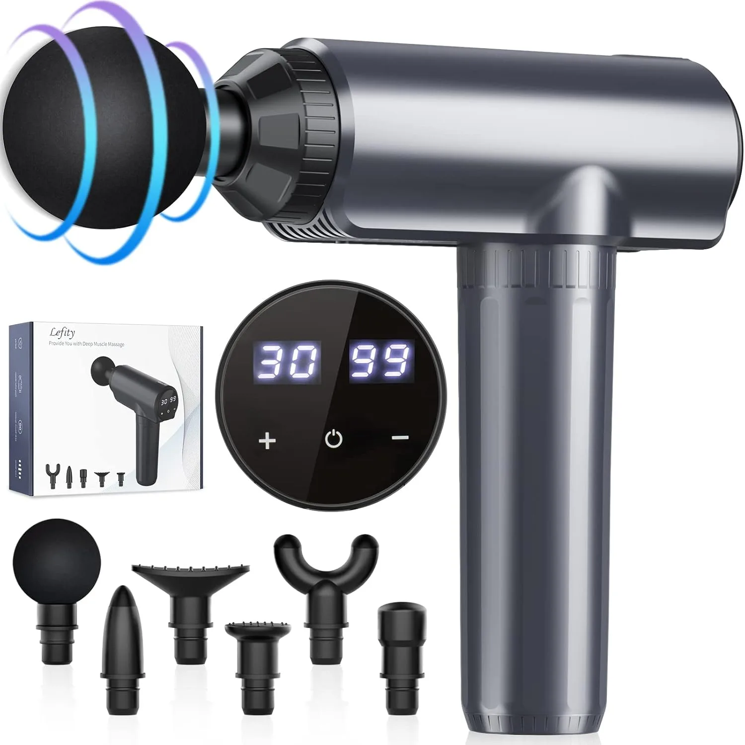 Lefity Pistola de Masaje Muscular 30 Velocidades LCD