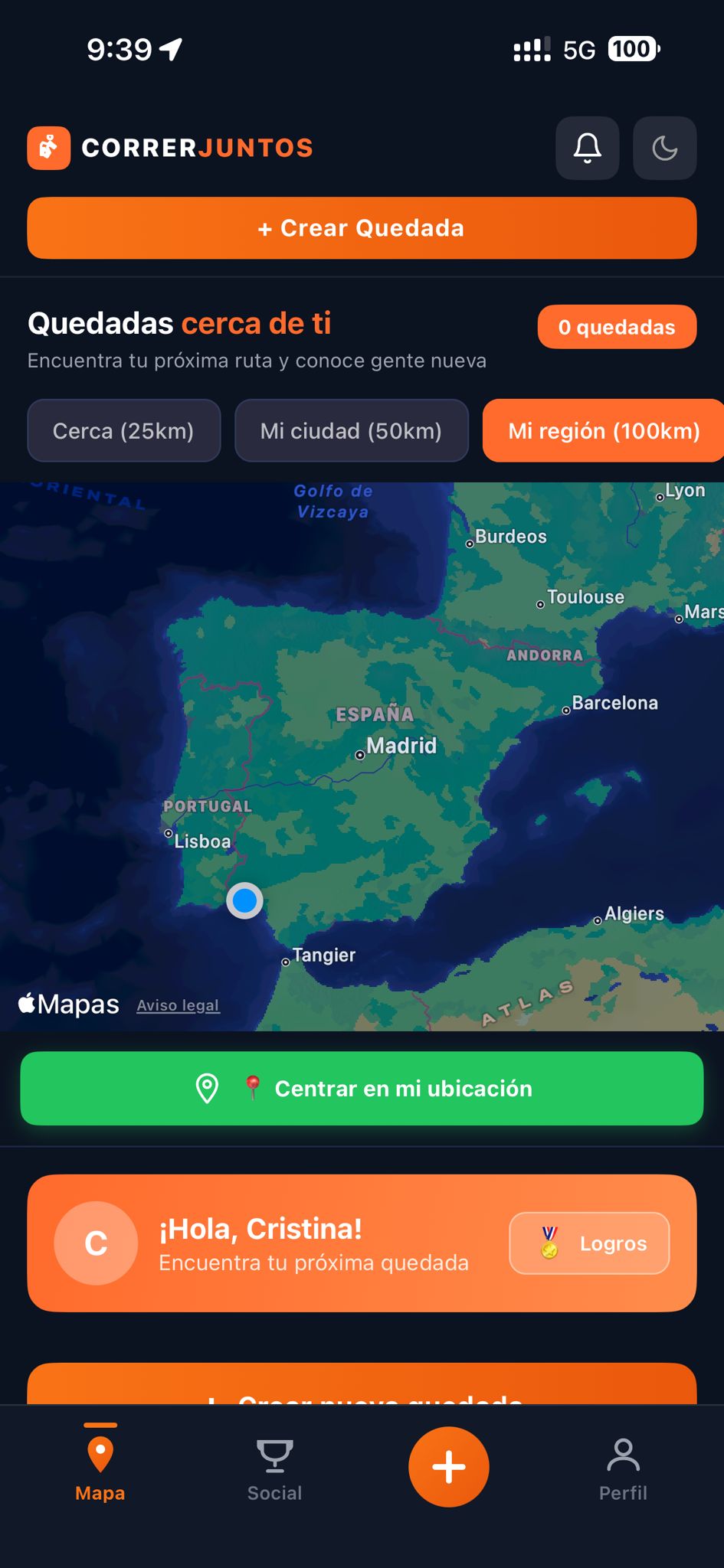Pantalla principal de CorrerJuntos — mapa interactivo con quedadas cerca de ti en España