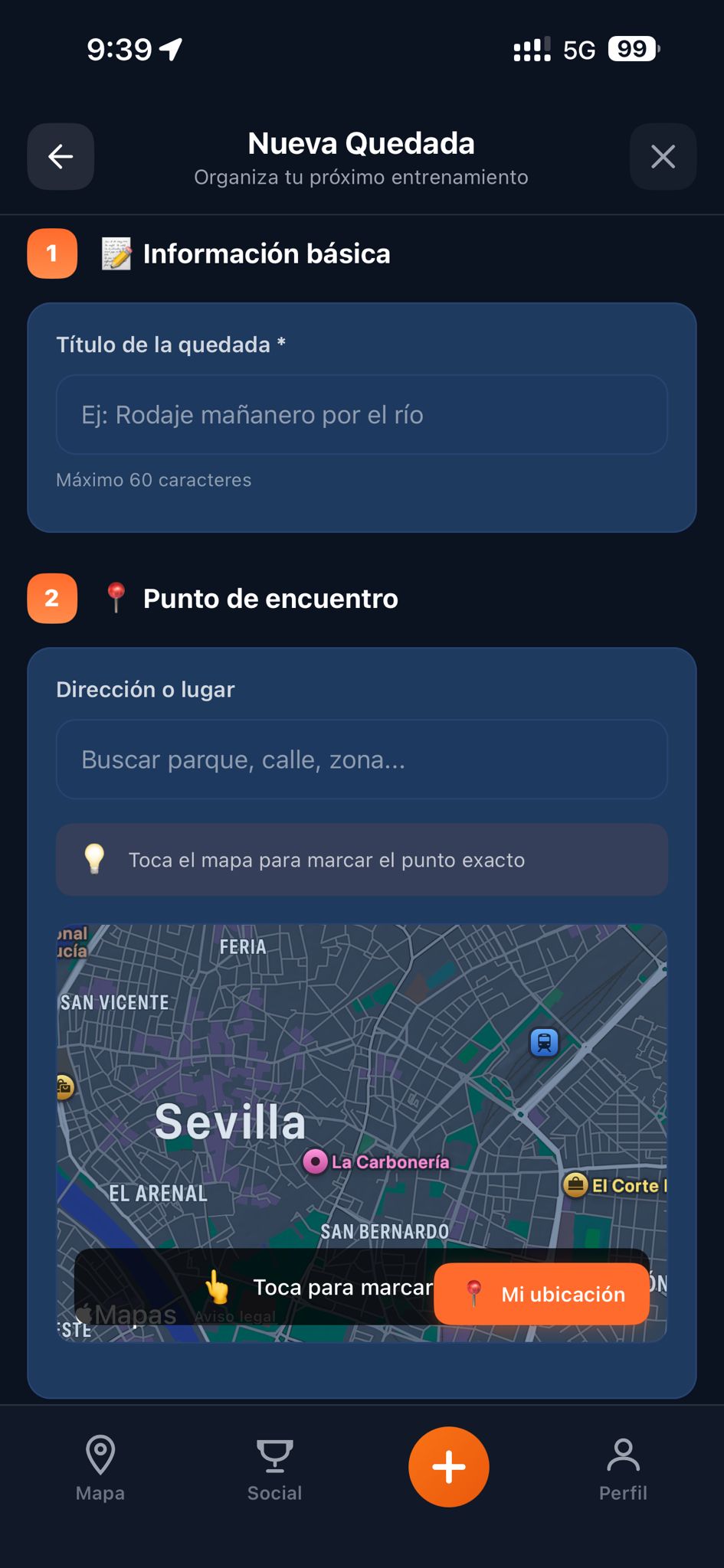Pantalla Crear Nueva Quedada de la app CorrerJuntos — organiza tu próximo entrenamiento en Sevilla