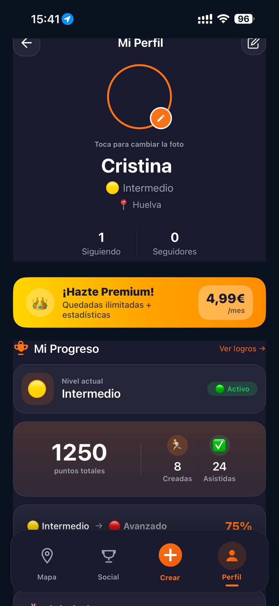 Pantalla Mi Perfil de la app CorrerJuntos — nivel, estadísticas y progreso del corredor