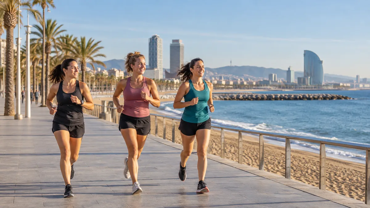 Recreación con IA de entrenamiento en un entorno inspirado en el litoral de Barcelona; personas ficticias