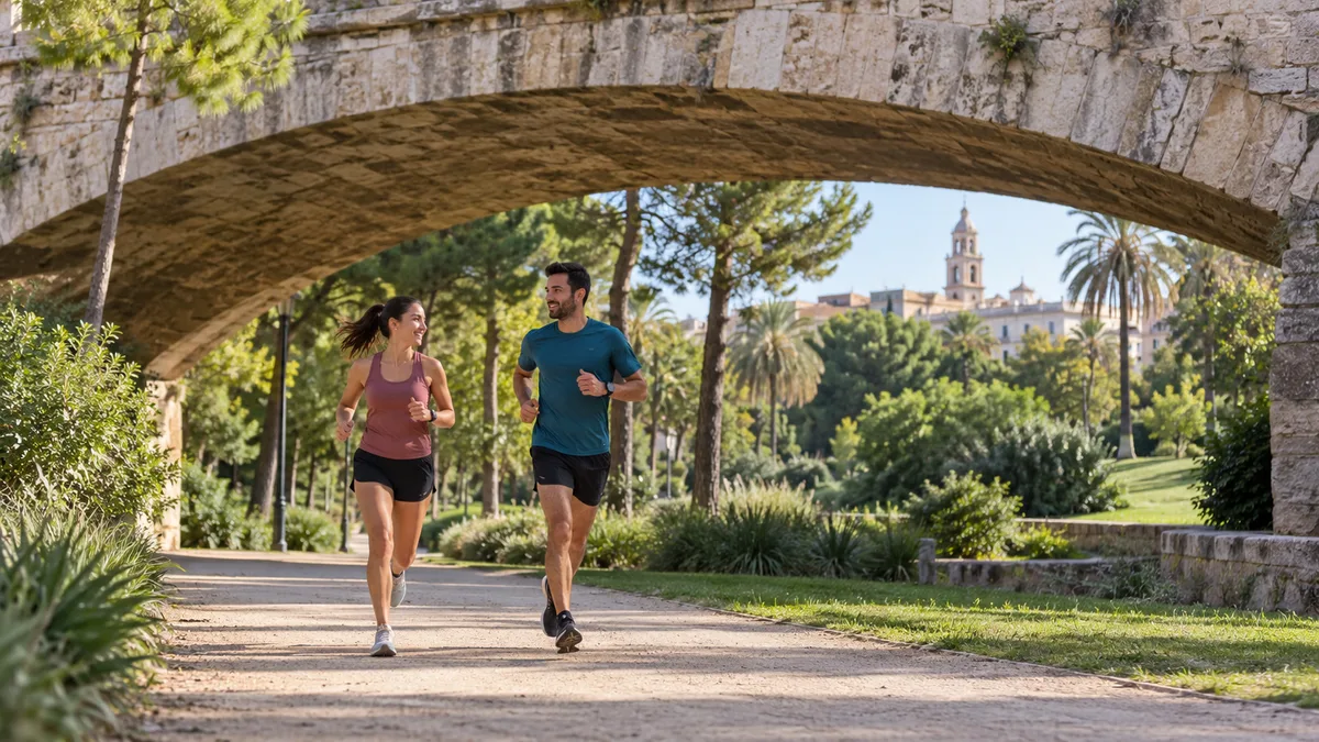 Recreación con IA de entrenamiento en un entorno inspirado en el Jardín del Turia; personas ficticias