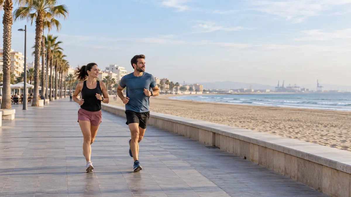 Recreación con IA de entrenamiento en un entorno inspirado en el litoral de Valencia; personas ficticias