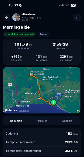 Detalle de una actividad de ciclismo registrada con CorrerJuntos, con distancia, tiempo, recorrido y estadísticas