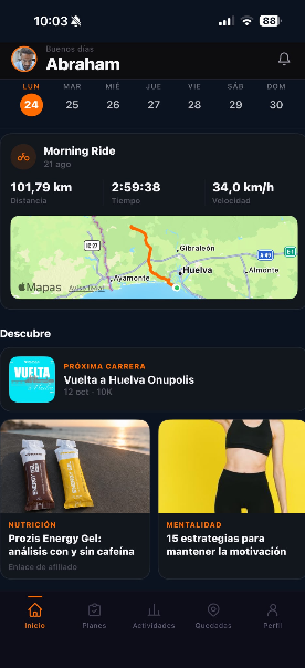 Pantalla de inicio de CorrerJuntos con el resumen de una actividad de ciclismo