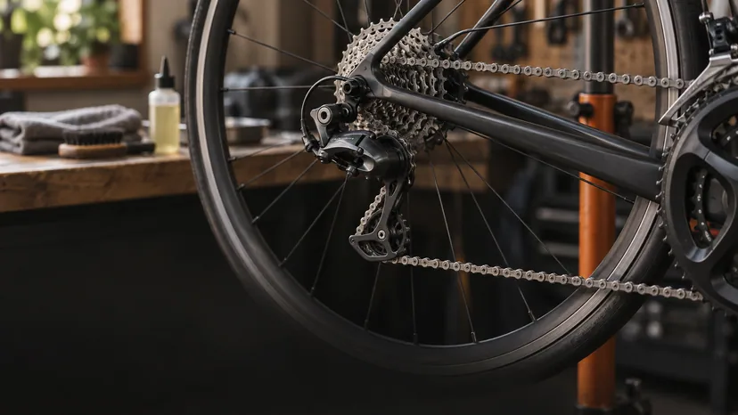 Imagen editorial de una transmisión de bicicleta junto a material de limpieza