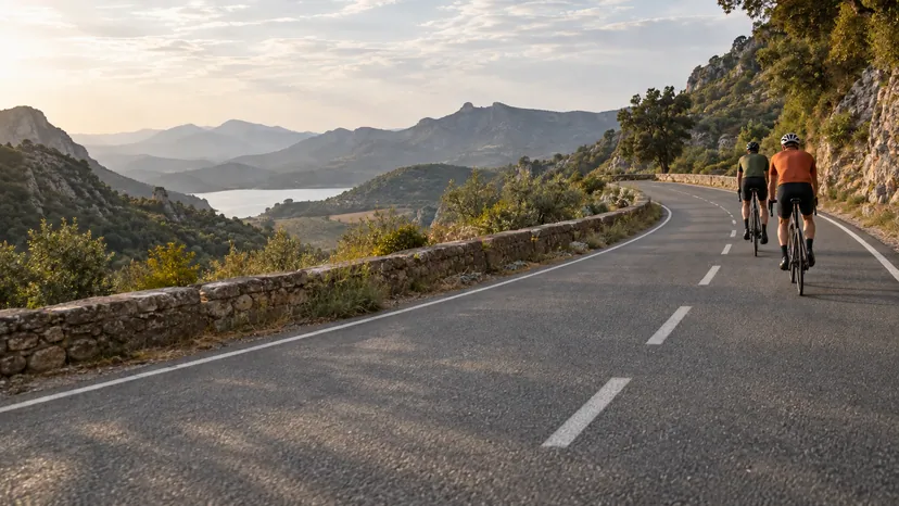 Imagen editorial de dos ciclistas con casco por una carretera de montaña