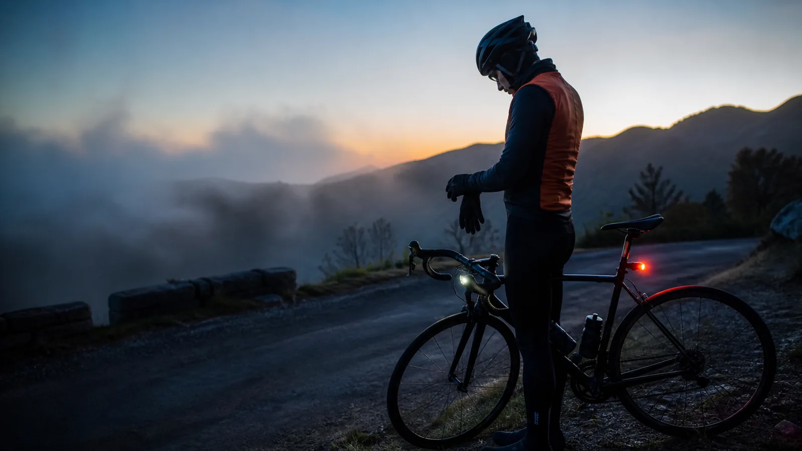 Ciclista con ropa por capas y luces en una salida de invierno