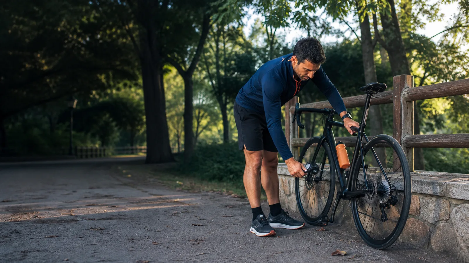 Deportista preparando una sesión de carrera y bicicleta