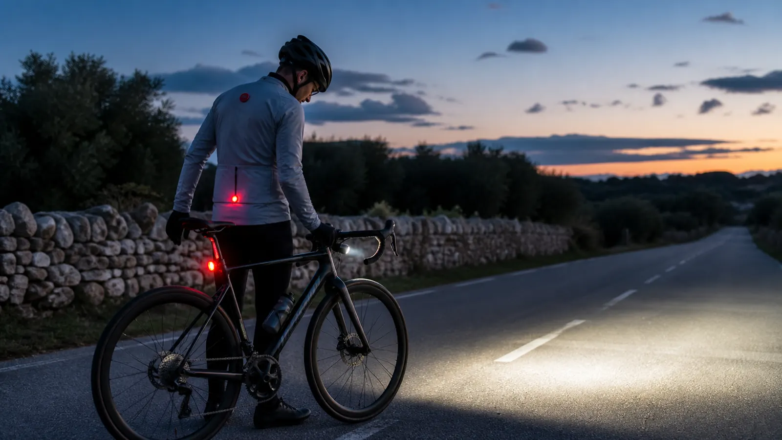 Bicicleta con luz delantera blanca y trasera roja al anochecer