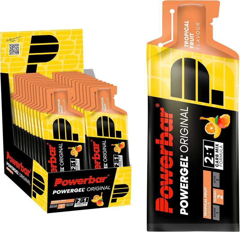 Caja de geles PowerBar PowerGel Original sabor fruta tropical