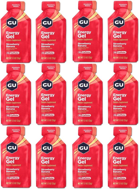 Paquete de doce geles GU Energy Gel sabor fresa y plátano