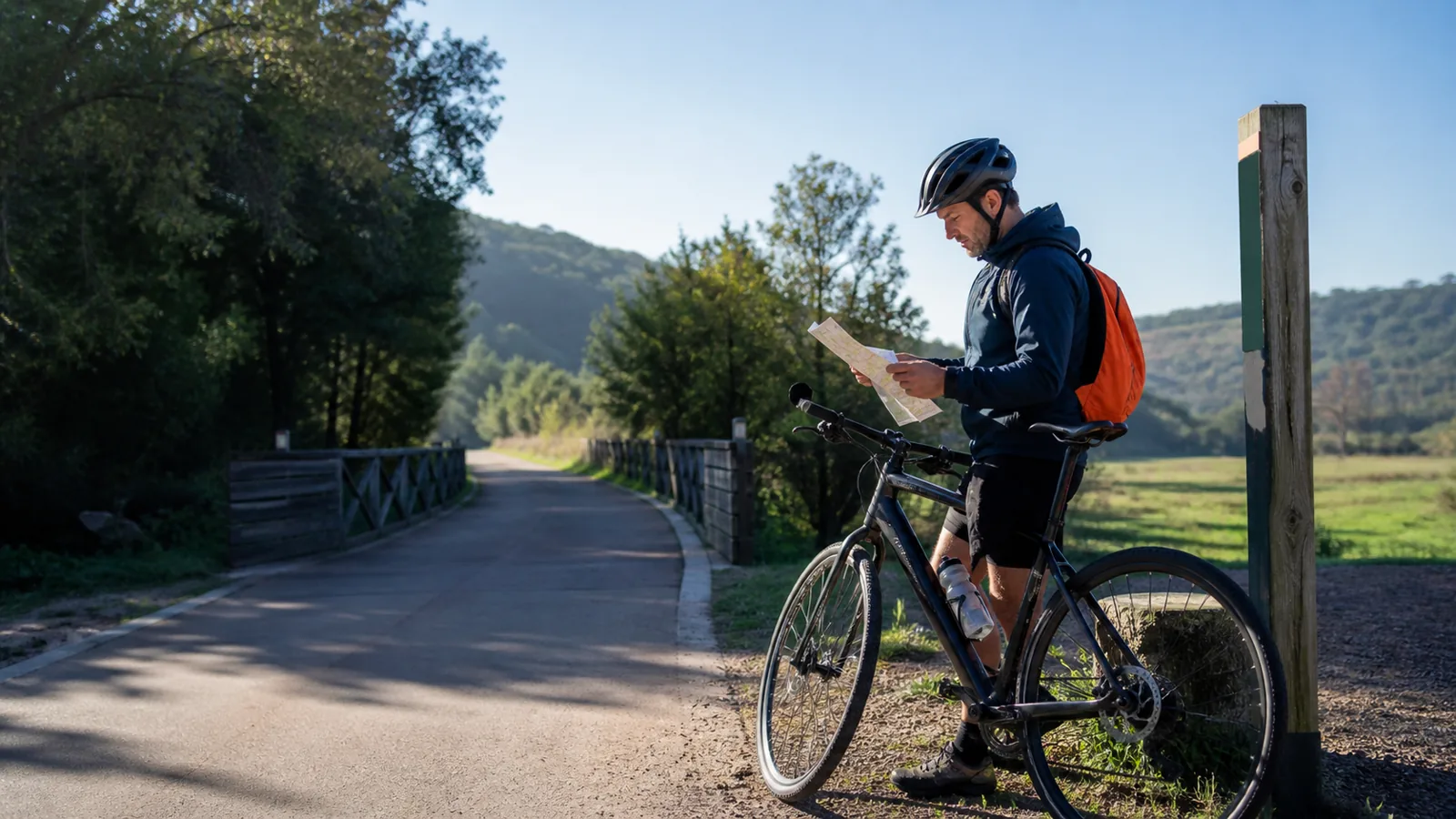 Ciclista consultando un mapa junto a una vía verde