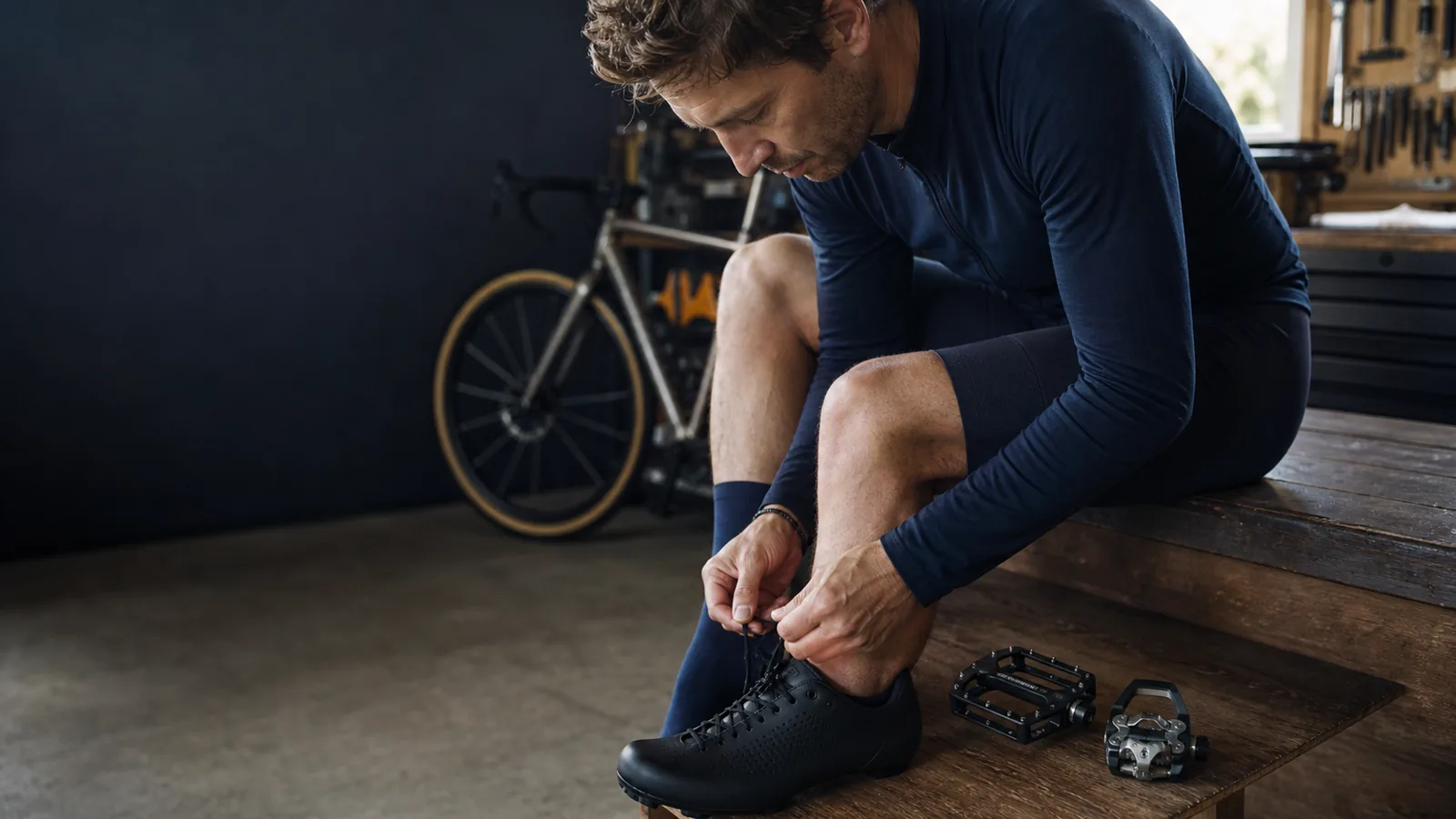 Ciclista preparando zapatillas y pedales para una salida