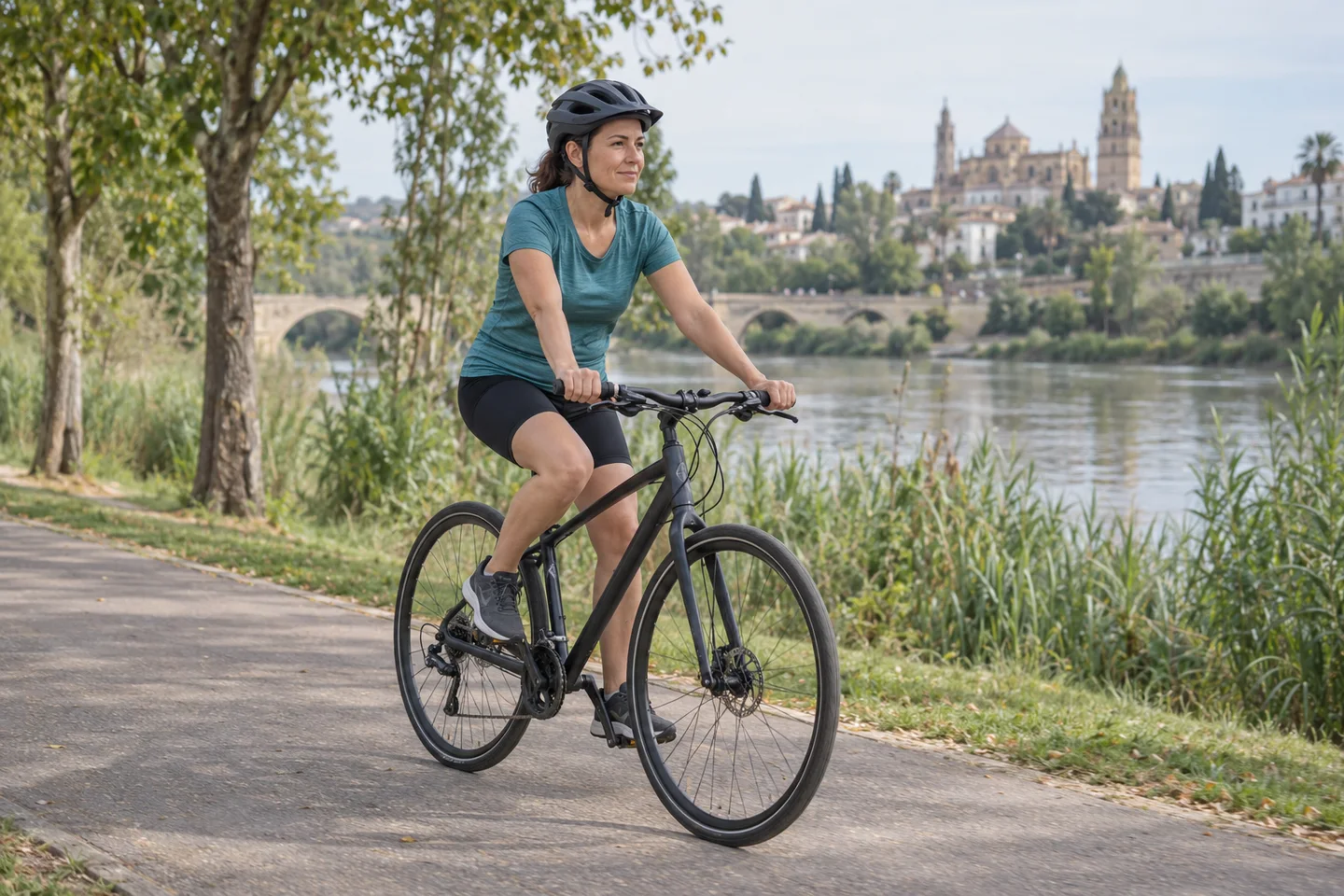 Ciclista con casco en un paseo junto al río; recreación con IA
