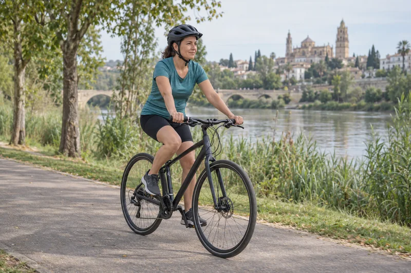 Ciclista con casco en un paseo junto al río; recreación con IA