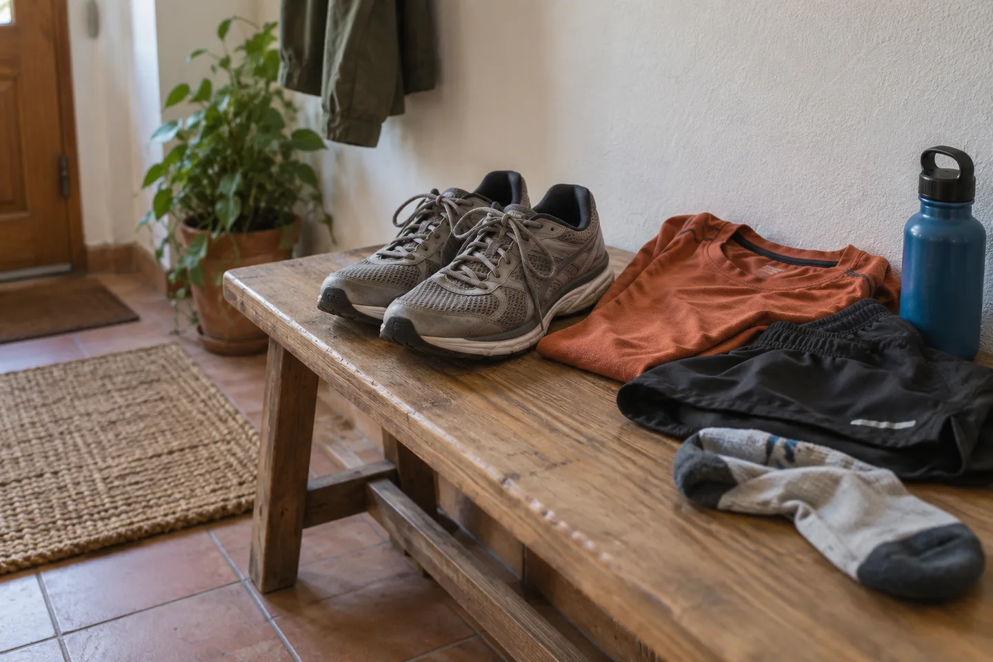 Equipamiento genérico de running preparado sobre un banco; recreación con IA