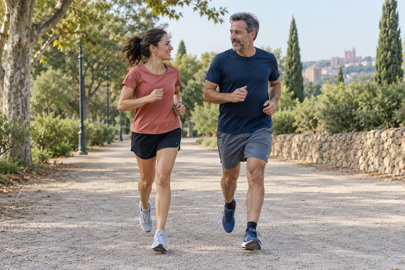 Dos corredores a ritmo suave en un parque; recreación con IA
