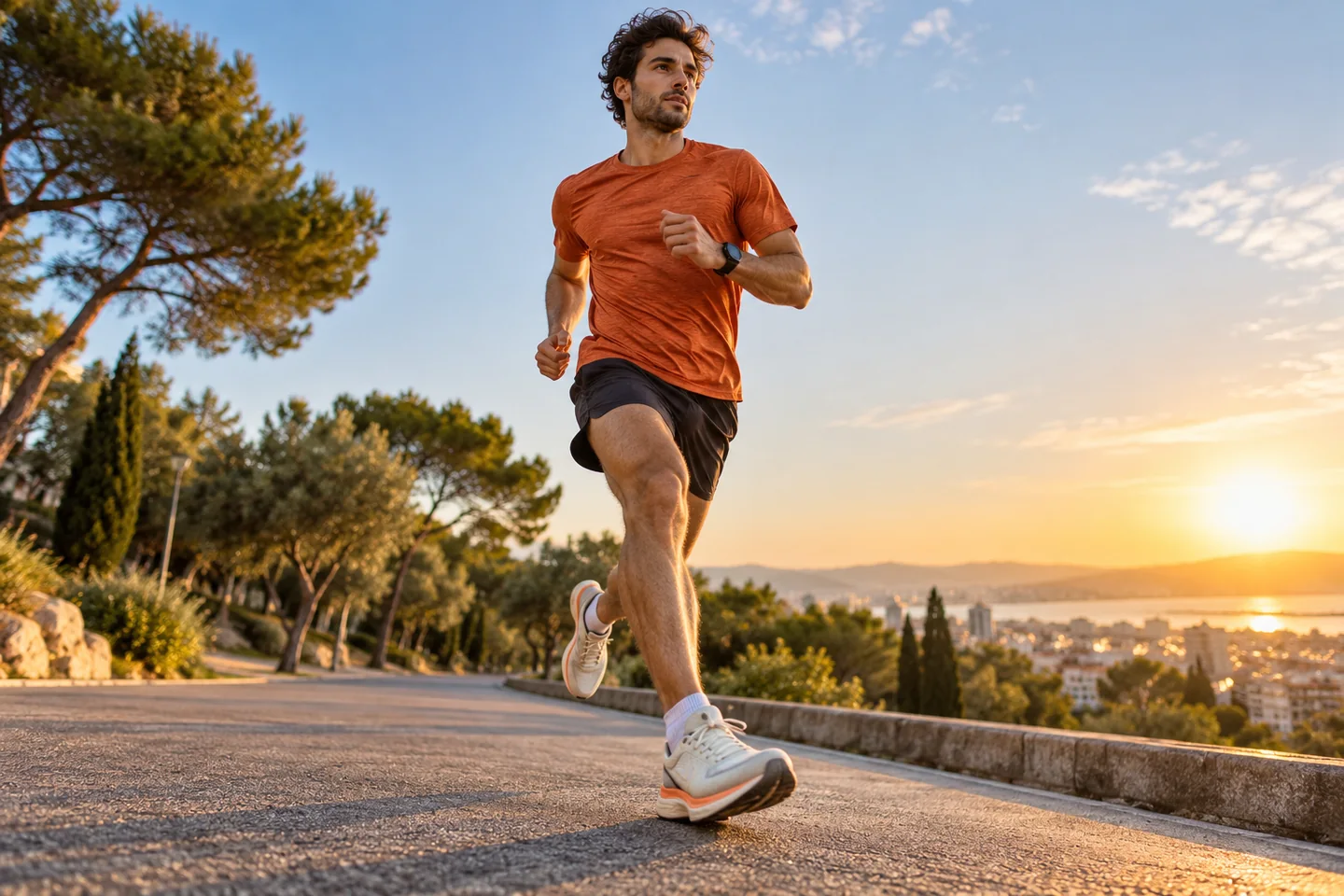 Corredor en movimiento al amanecer, con zapatillas y equipamiento genéricos; recreación editorial con IA