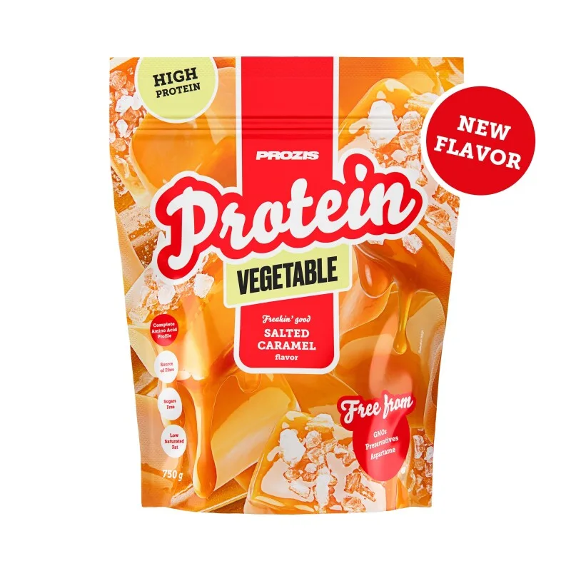 Envase de Vegetable Protein Freaking Good de Prozis, sabor Caramelo salado, de 750 g, en imagen oficial de catálogo