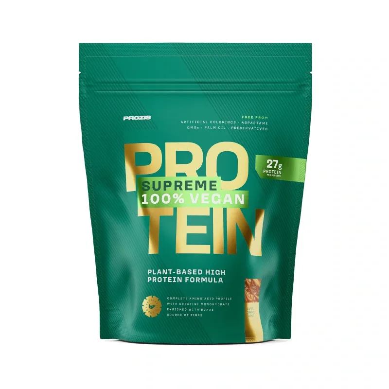 Envase de Supreme 100% Vegan Protein de Prozis, sabor Caramelo salado, de 700 g, en imagen oficial de catálogo
