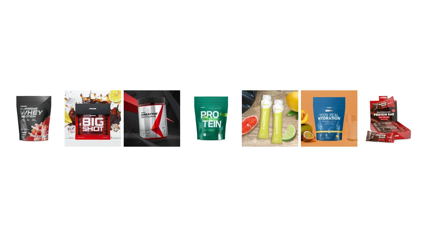 Siete productos de Prozis en imágenes oficiales de catálogo: Supreme Whey, Big Shot, creatina, proteína de guisante, Energy Gel, Real Hydration y Protein Snack