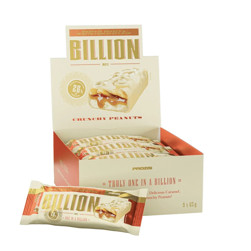 Caja y barrita de Billion de Prozis, sabor Cacahuete y chocolate blanco