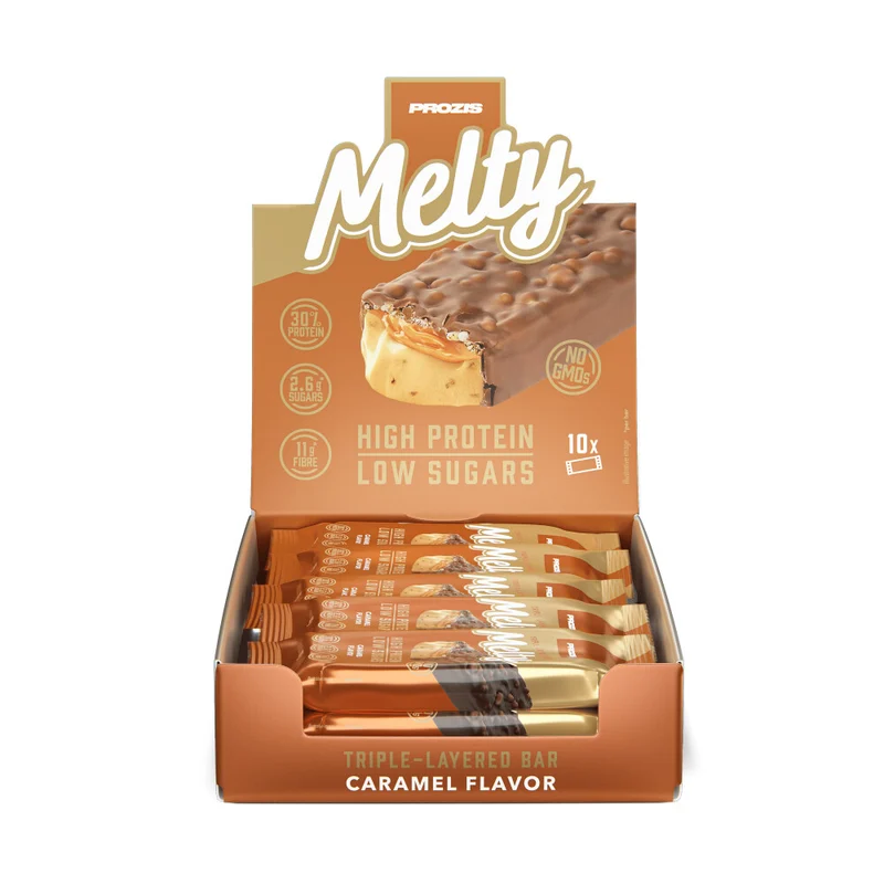 Caja y barrita de Melty de Prozis, sabor Caramelo