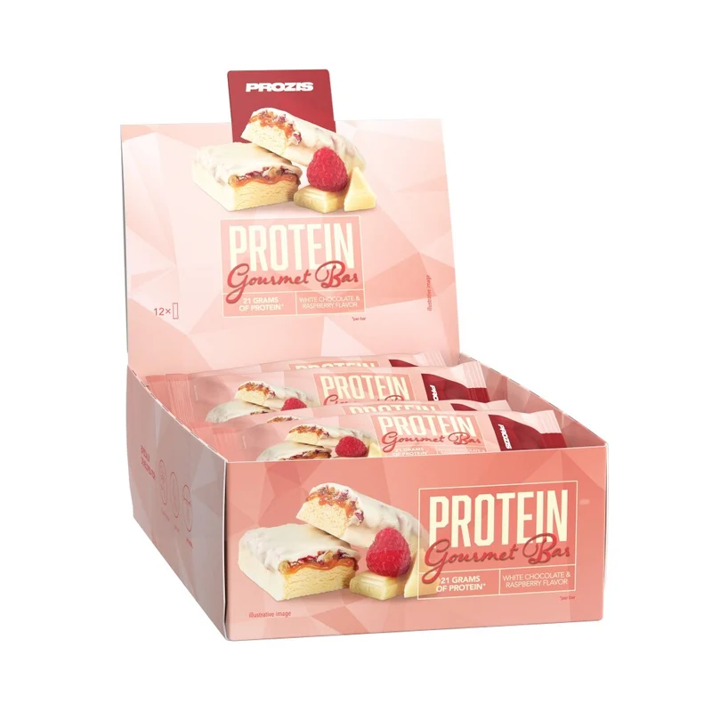 Caja y barrita de Protein Gourmet Bar de Prozis, sabor Chocolate blanco y frambuesa