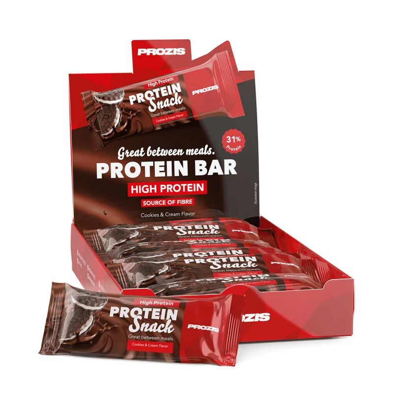 Caja y barrita de Protein Snack de Prozis, sabor Galletas y crema