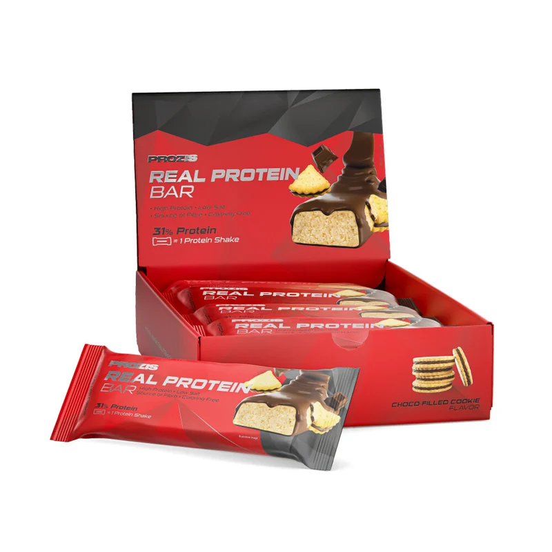 Caja y barrita de Real Protein Bar de Prozis, sabor Galleta rellena de chocolate