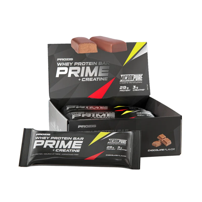 Caja y barrita de Whey Prime + Creatine de Prozis, sabor Chocolate