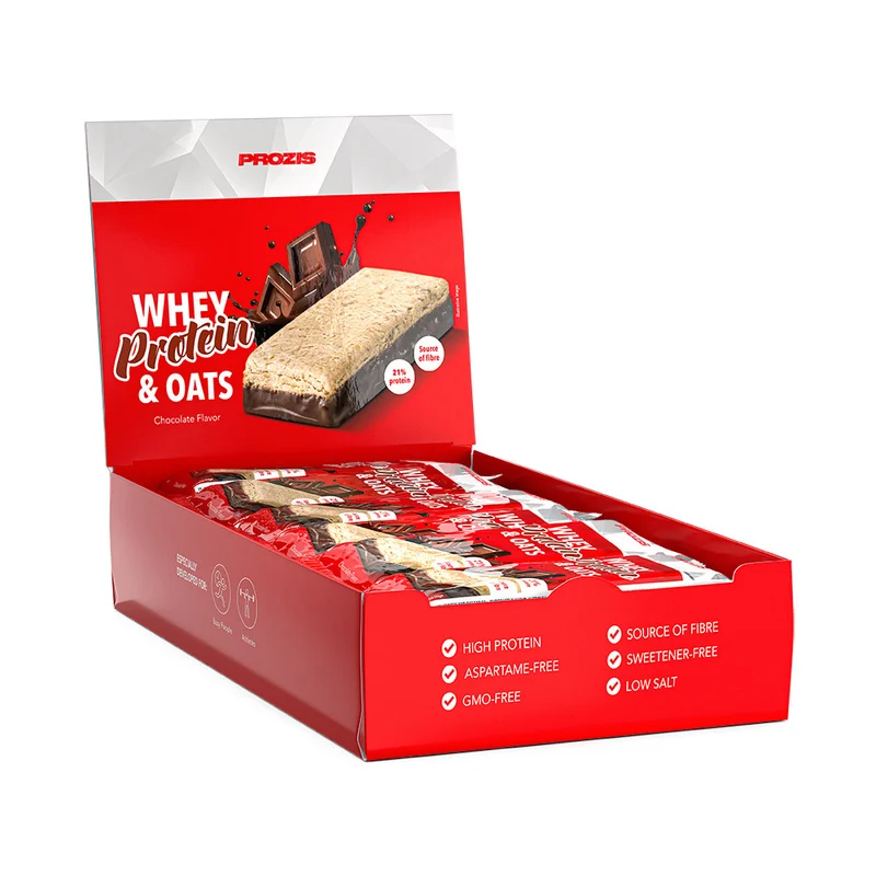 Caja y barrita de Whey Protein & Oats de Prozis, sabor Chocolate
