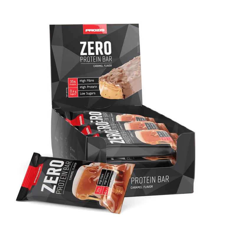 Caja y barrita de Zero Protein Bar de Prozis, sabor Caramelo