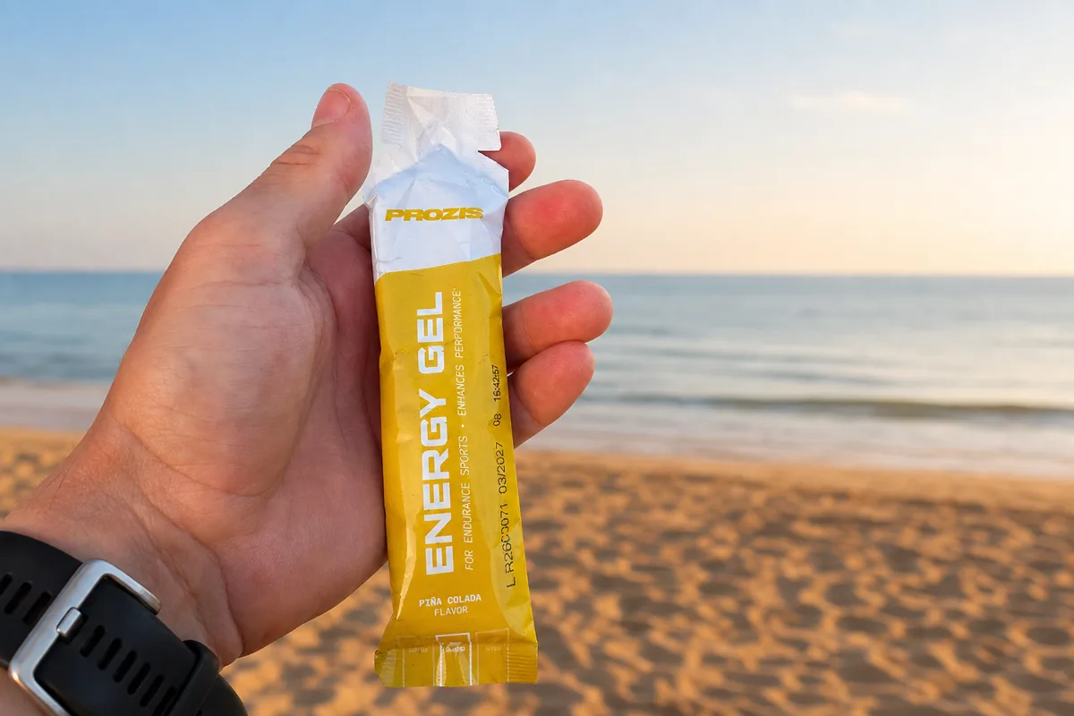 Sobre de Prozis Energy Gel sabor Piña Colada, de 50 gramos, sostenido en la mano