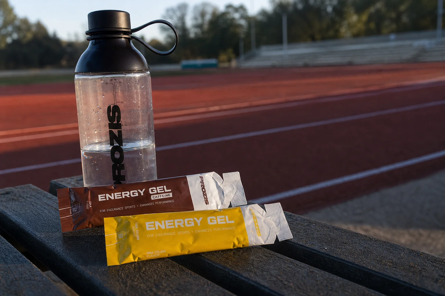 Botella de agua y geles Prozis con y sin cafe&iacute;na en una composici&oacute;n editorial junto a una pista de atletismo