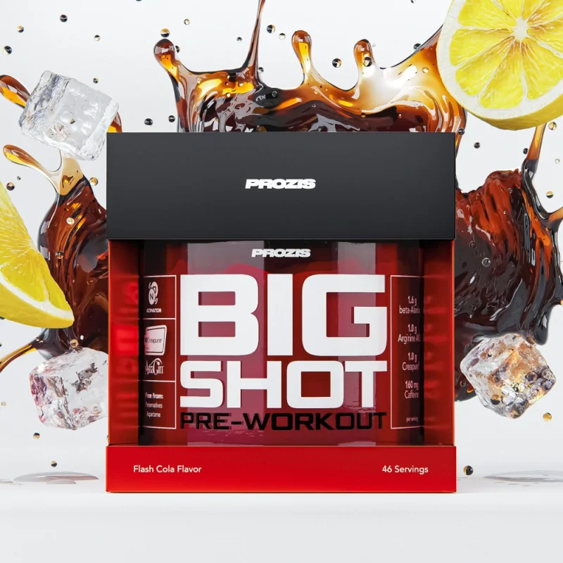Envase de Prozis Big Shot Pre-Workout de 46 dosis, sabor Flash Cola
