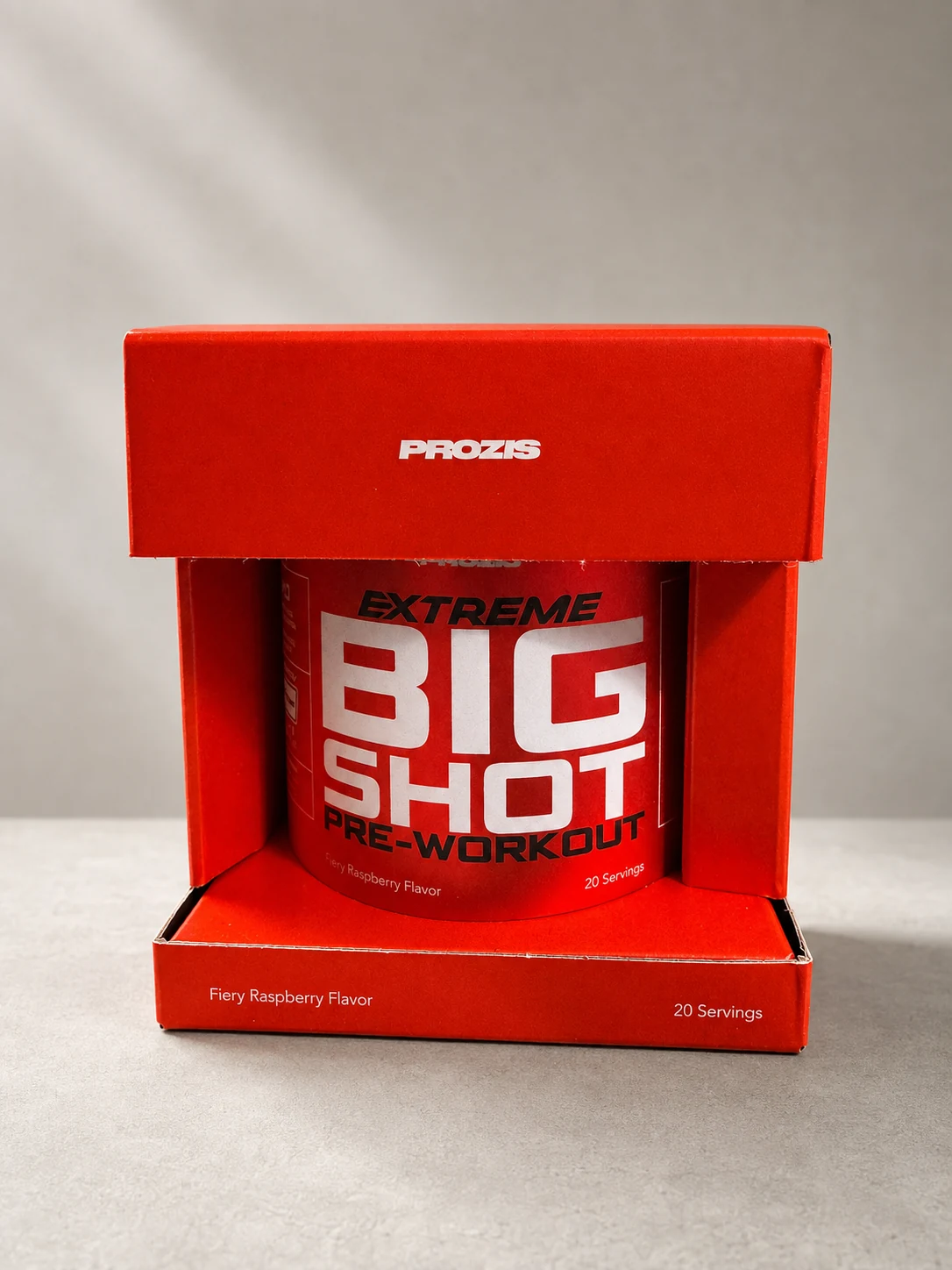 Extreme Big Shot de Prozis en su caja, sabor Fiery Raspberry, 20 dosis