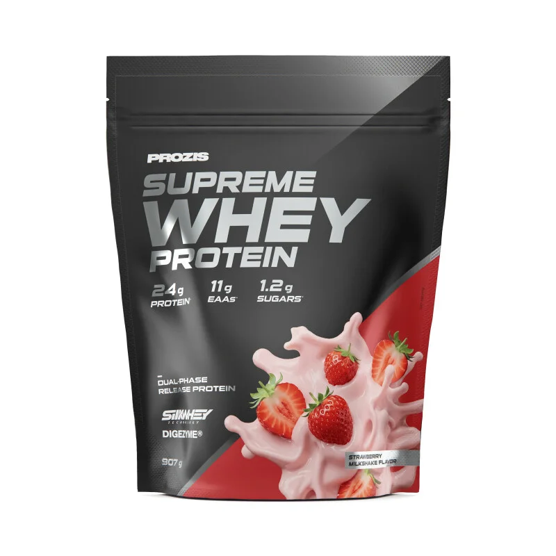 Envase de Supreme Whey Protein de Prozis, 907 g, sabor Batido de fresa