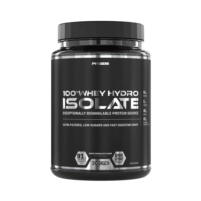 Envase de 100% Whey Hydro Isolate de Prozis, 900 g, sabor Chocolate blanco