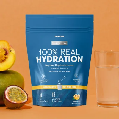 Caja de Prozis 100% Real Hydration con 15 sticks de electrolitos, imagen oficial de la ficha del producto