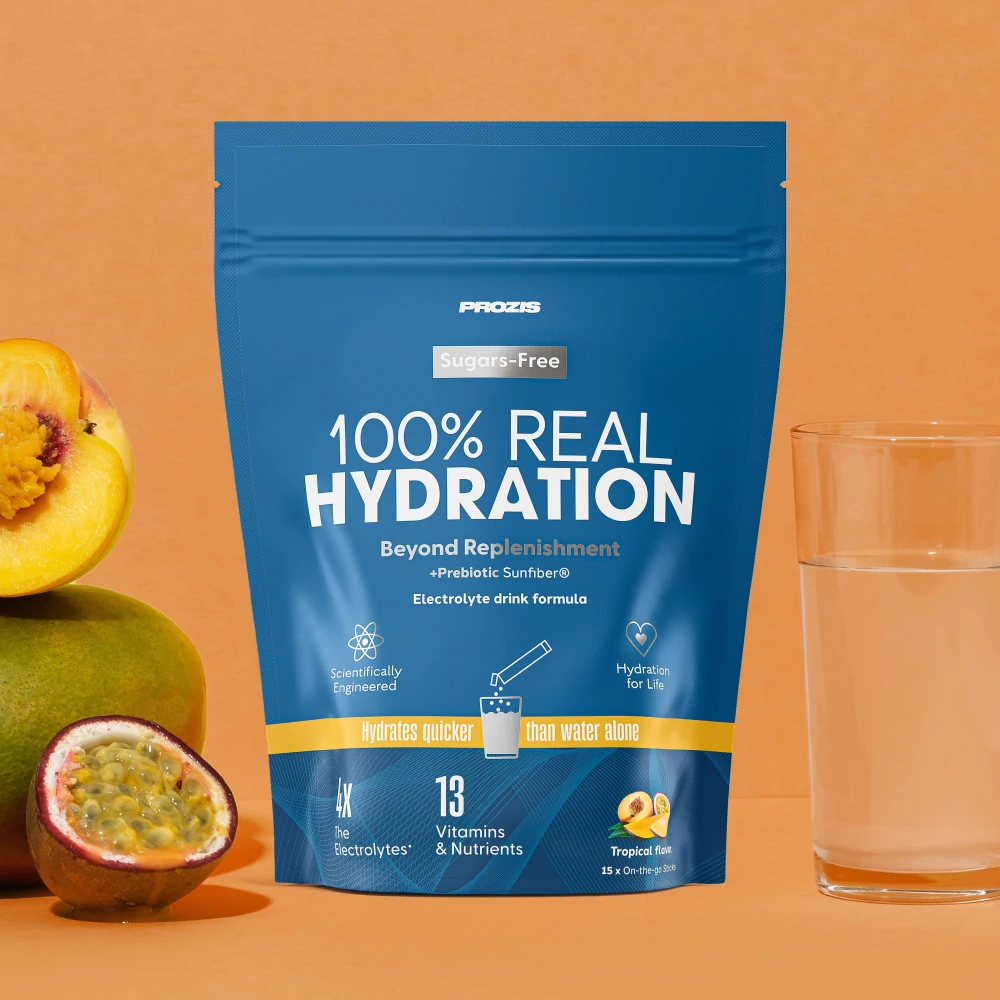 Caja de Prozis 100% Real Hydration, 15 sticks, sabor tropical