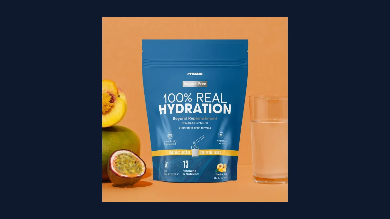 Envase de Prozis 100% Real Hydration, electrolitos en polvo en sticks (imagen oficial de la ficha)