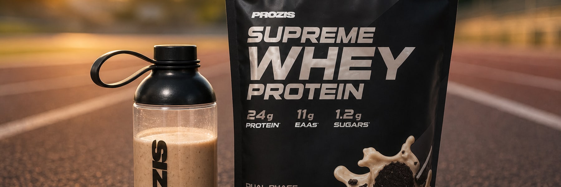 Ilustraci&oacute;n del envase de Supreme Whey Protein Cookies & Cream junto a un agitador en una pista de atletismo