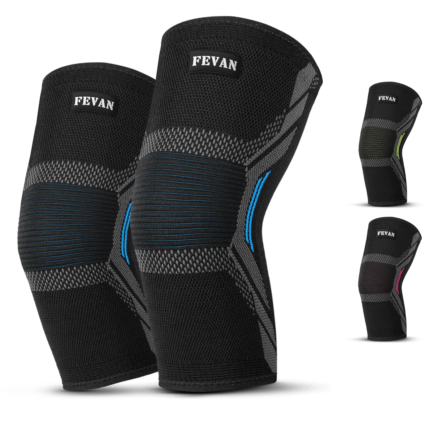 FEVAN mangas de compresión para rodilla pack 2 negro azul running