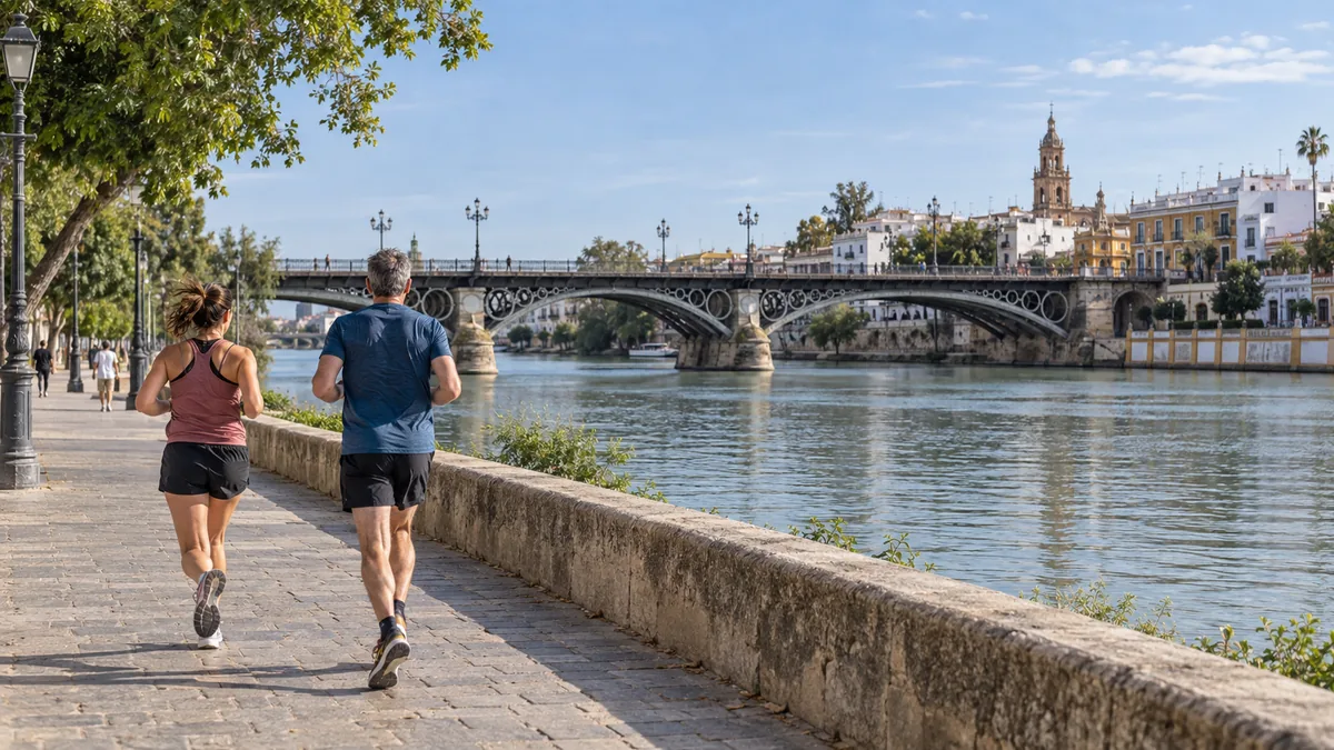 Recreación con IA de dos corredores junto al Guadalquivir, con el puente de Triana al fondo