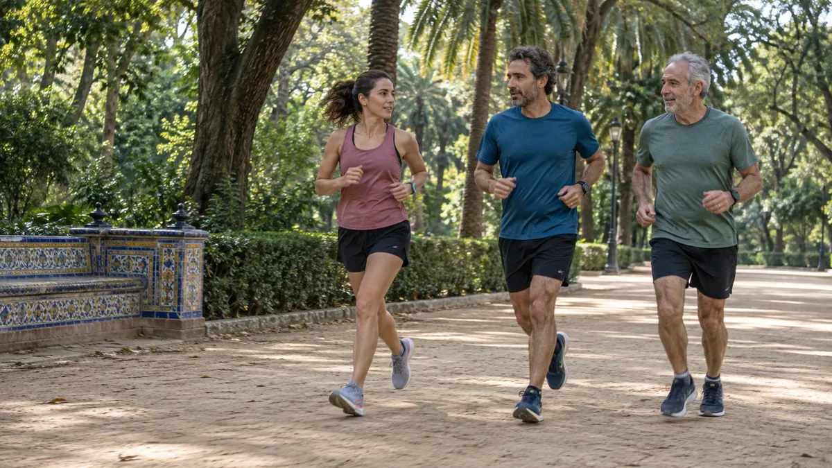Recreación con IA de tres personas entrenando juntas en un entorno inspirado en el parque de María Luisa