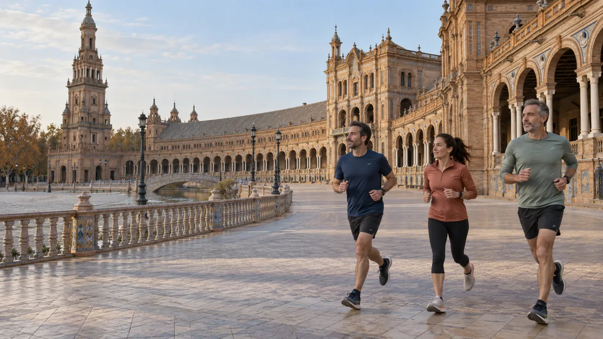 Recreación con IA de tres corredores junto a la Plaza de España de Sevilla