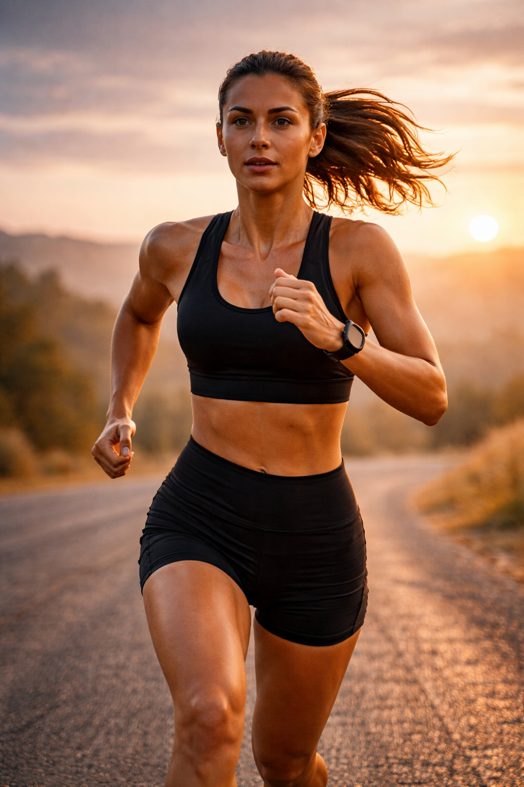 Female runner training at sunrise on a road during a fasted running session