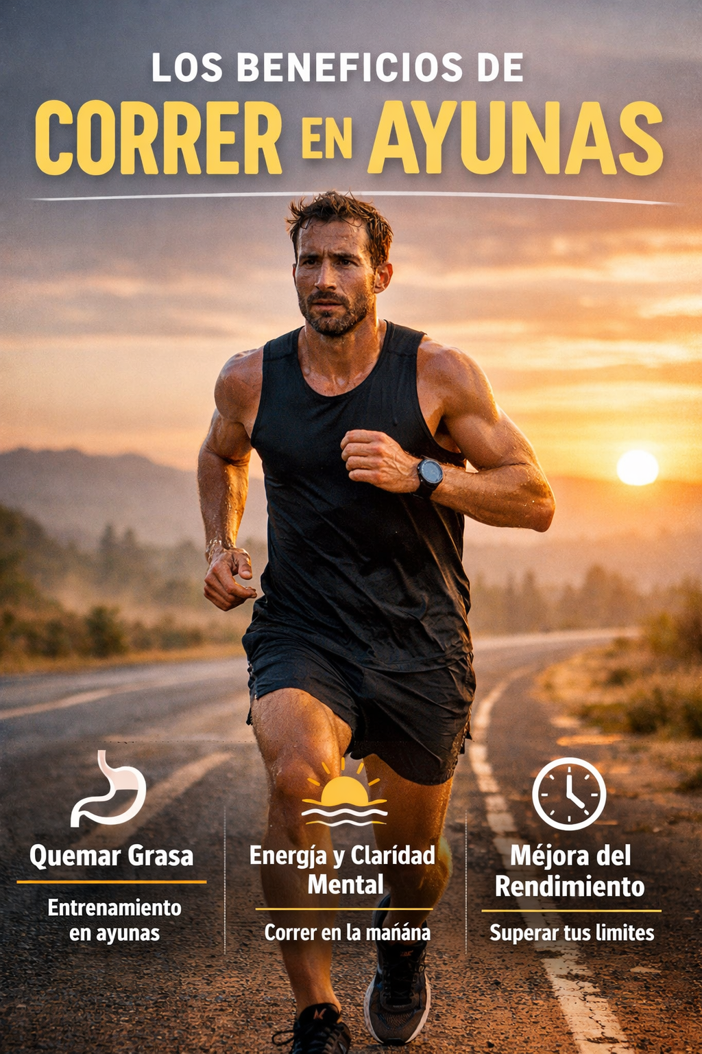 Infographic of runner at sunrise representing fasted running training